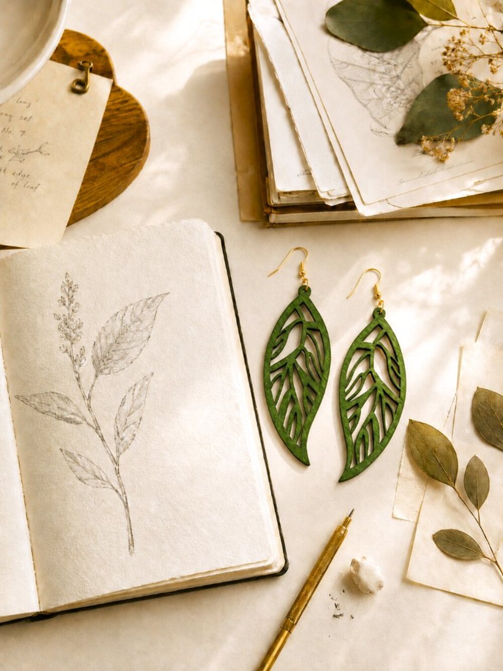 Artisan Wooden Leaf Earrings, Green Botanical Nature, Lightweight Dangle Jewelry - Picture 5 of 5